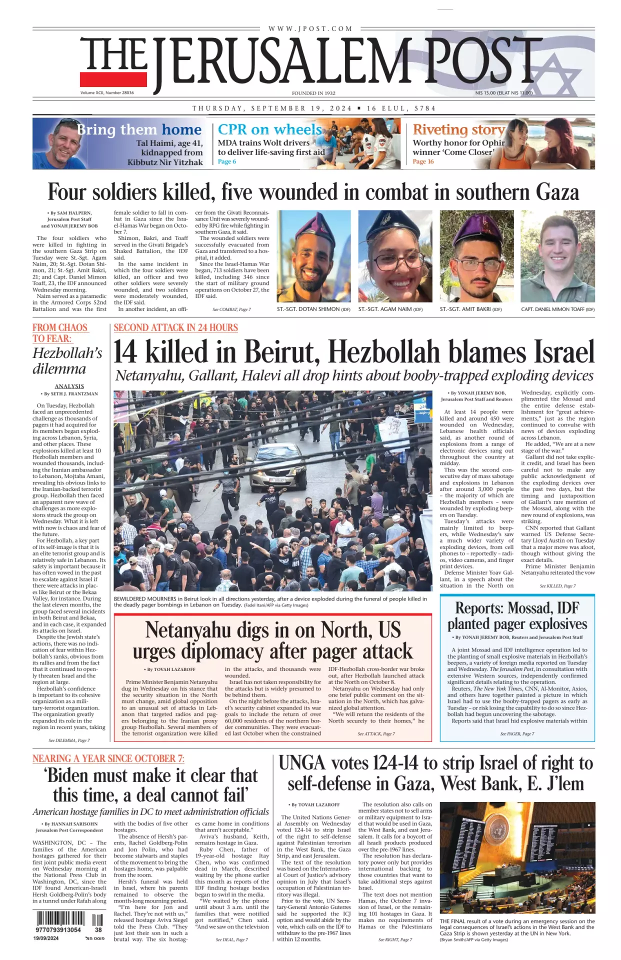 Prima-pagina-the jerusalem post-edizione-di-oggi-19-09-2024